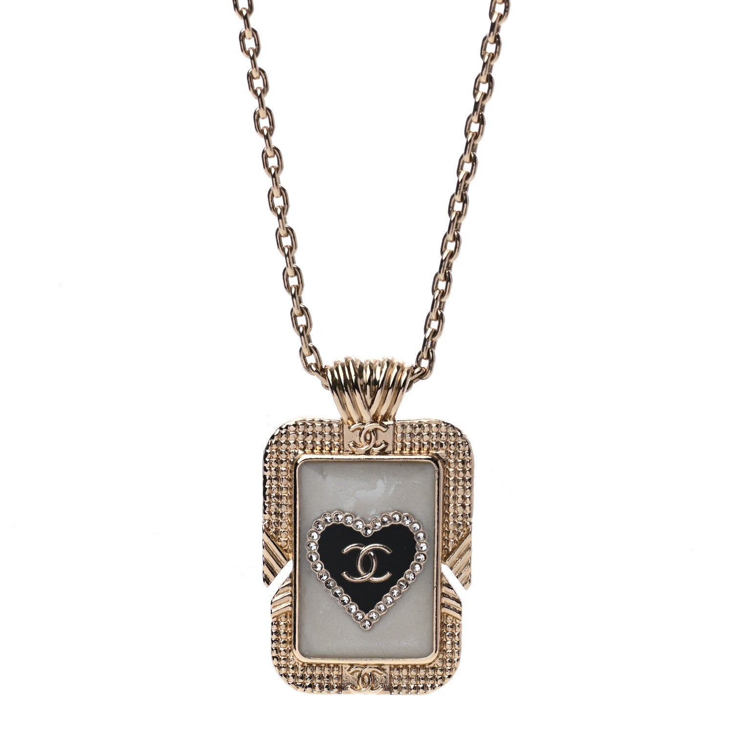 Chanel Metal Resin Enamel Crystal CC Necklace Gold Black White 4 of 7