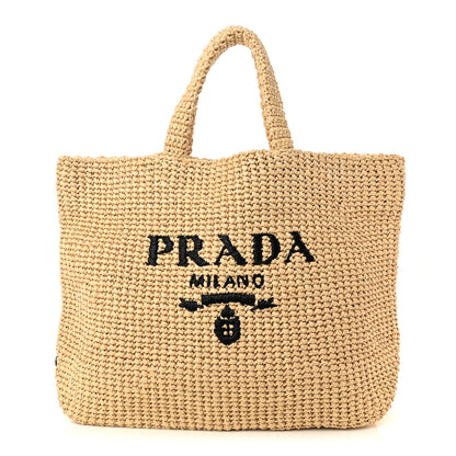 Prada Yarn Raffia Effect Crochet Embroidered Logo Tote Naturale 1 of 9