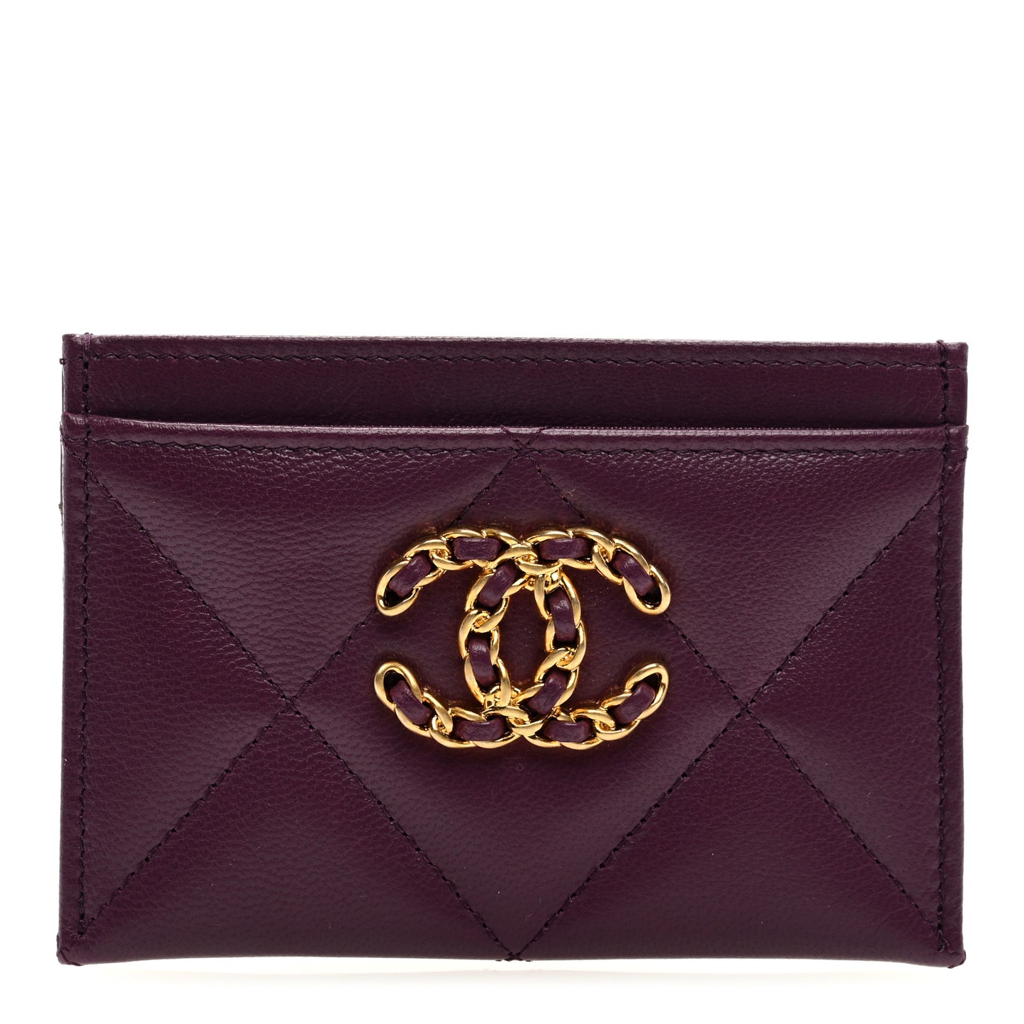 Lambskin Quilted Chanel 19 Card Holder Purple