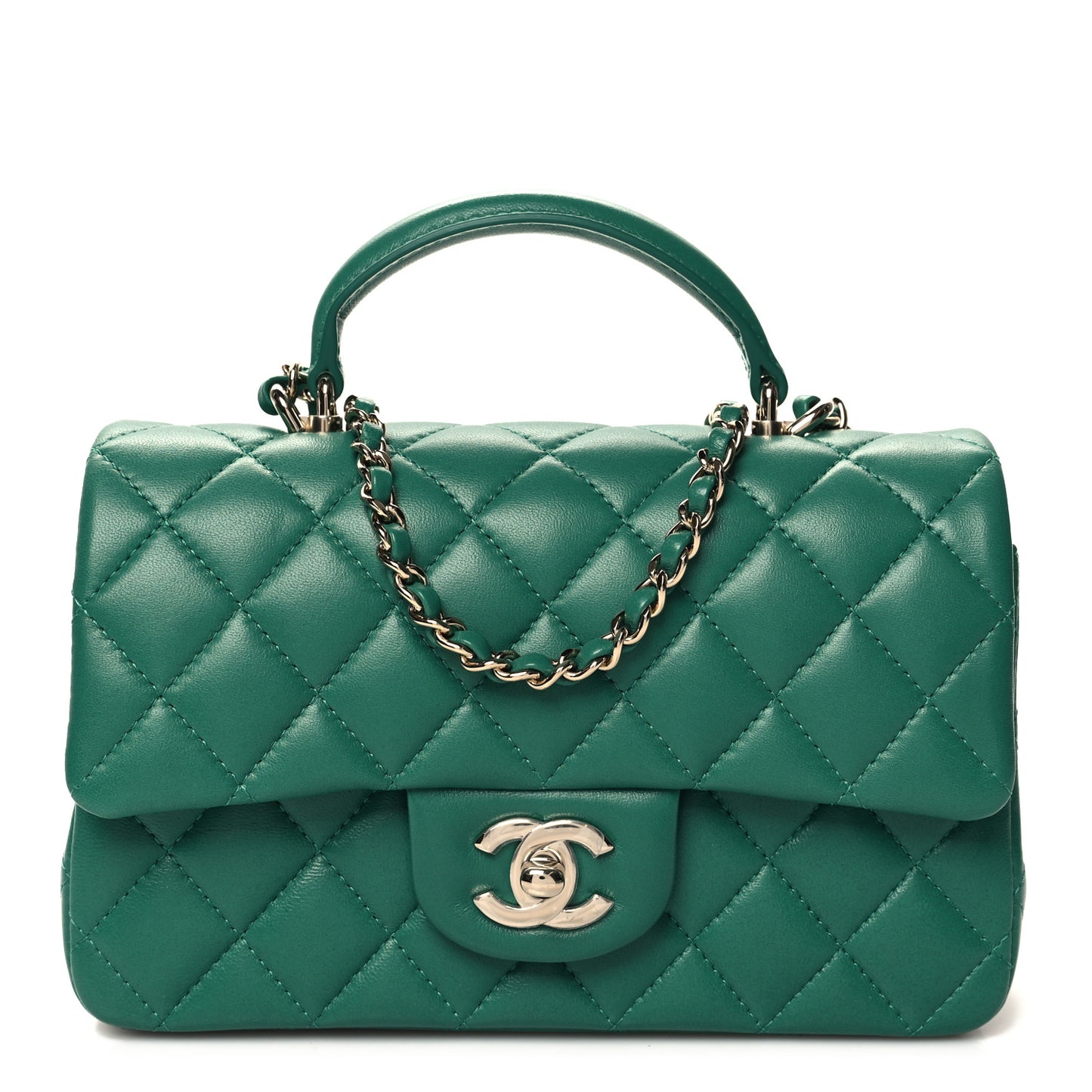 Lambskin Quilted Mini Top Handle Rectangular Flap Green