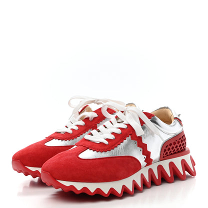 Christian Louboutin Suede Laminated Nappa Mens Loubishark Sneakers 43 Loubi Red Silver 3 of 9