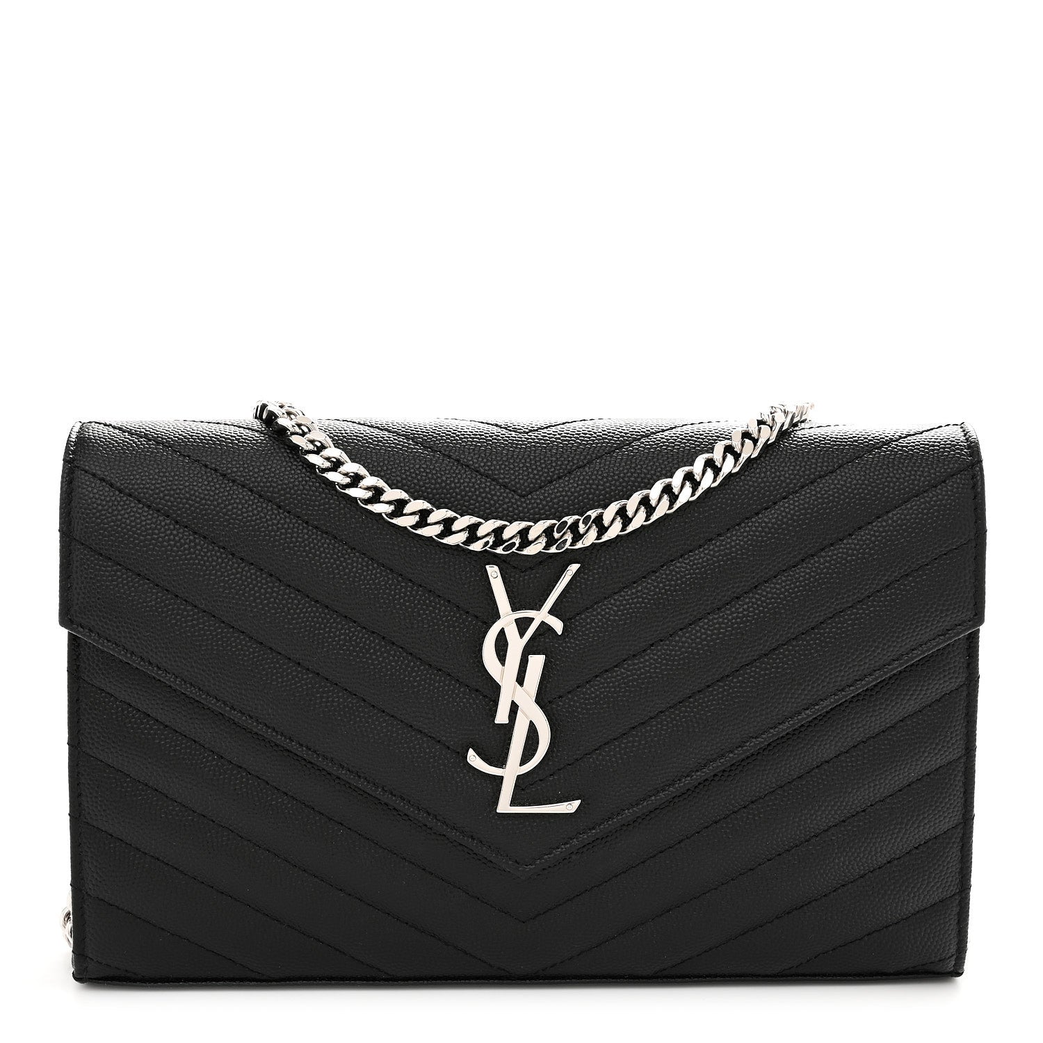 Saint Laurent Grain De Poudre Matelasse Chevron Monogram Chain Wallet Black 1 of 10