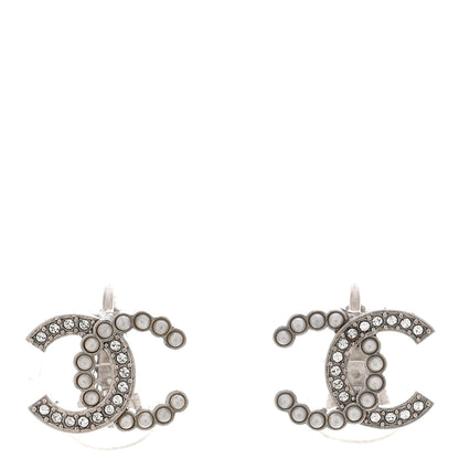 Chanel Crystal Pearl CC Clip On Earrings Silver 1 of 5