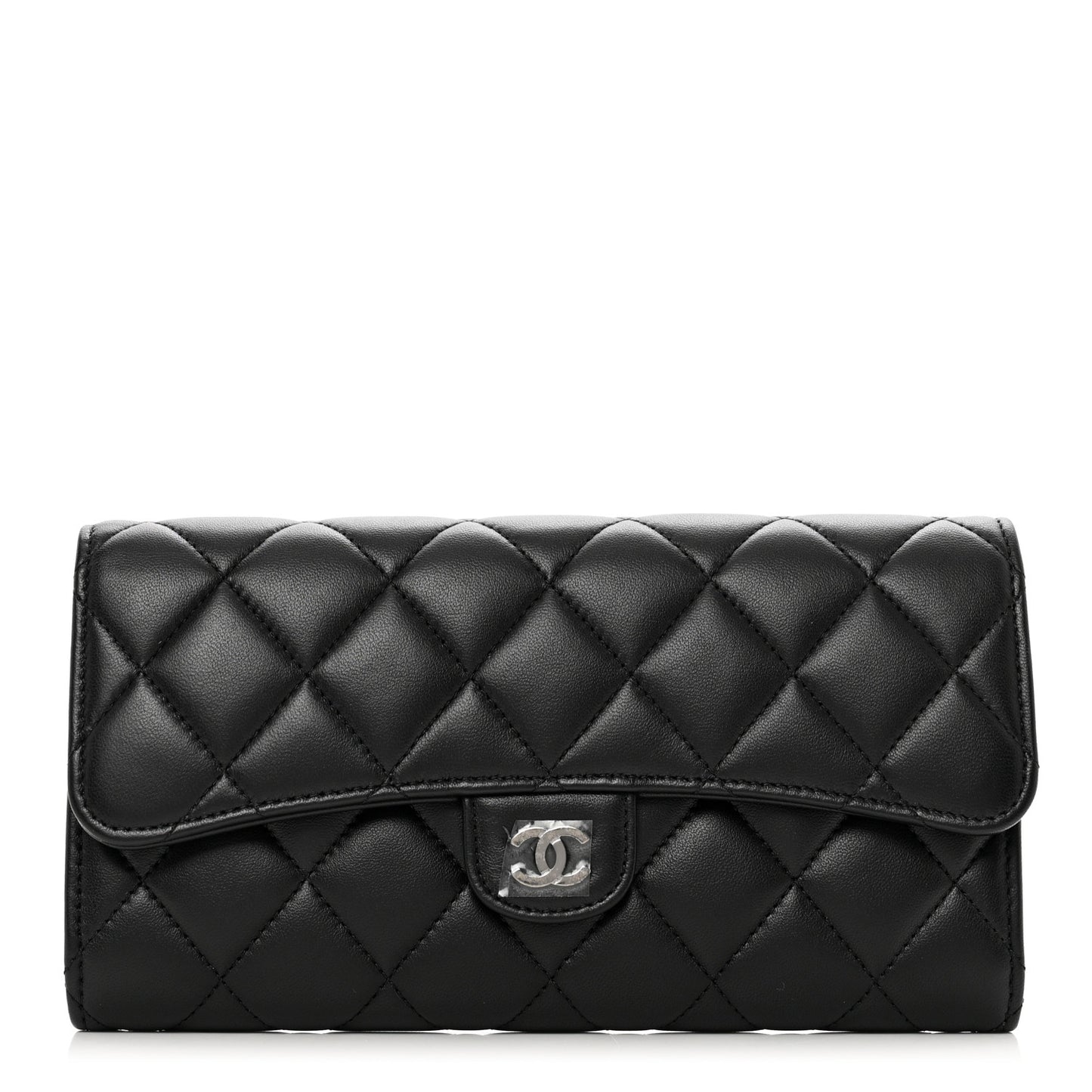 Lambskin Quilted Large Gusset Flap Wallet Black