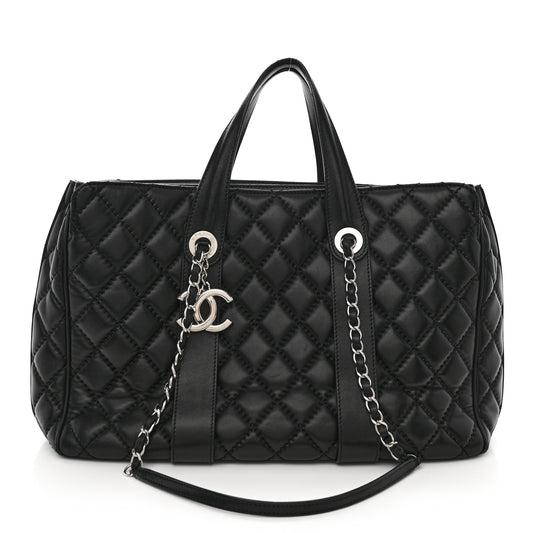 Lambskin Quilted Large Easy Carry Shopping Tote Black