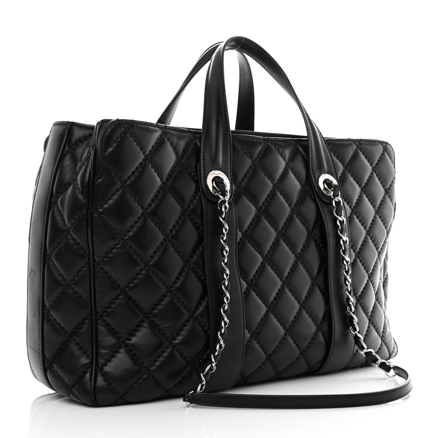 Lambskin Quilted Large Easy Carry Shopping Tote Black