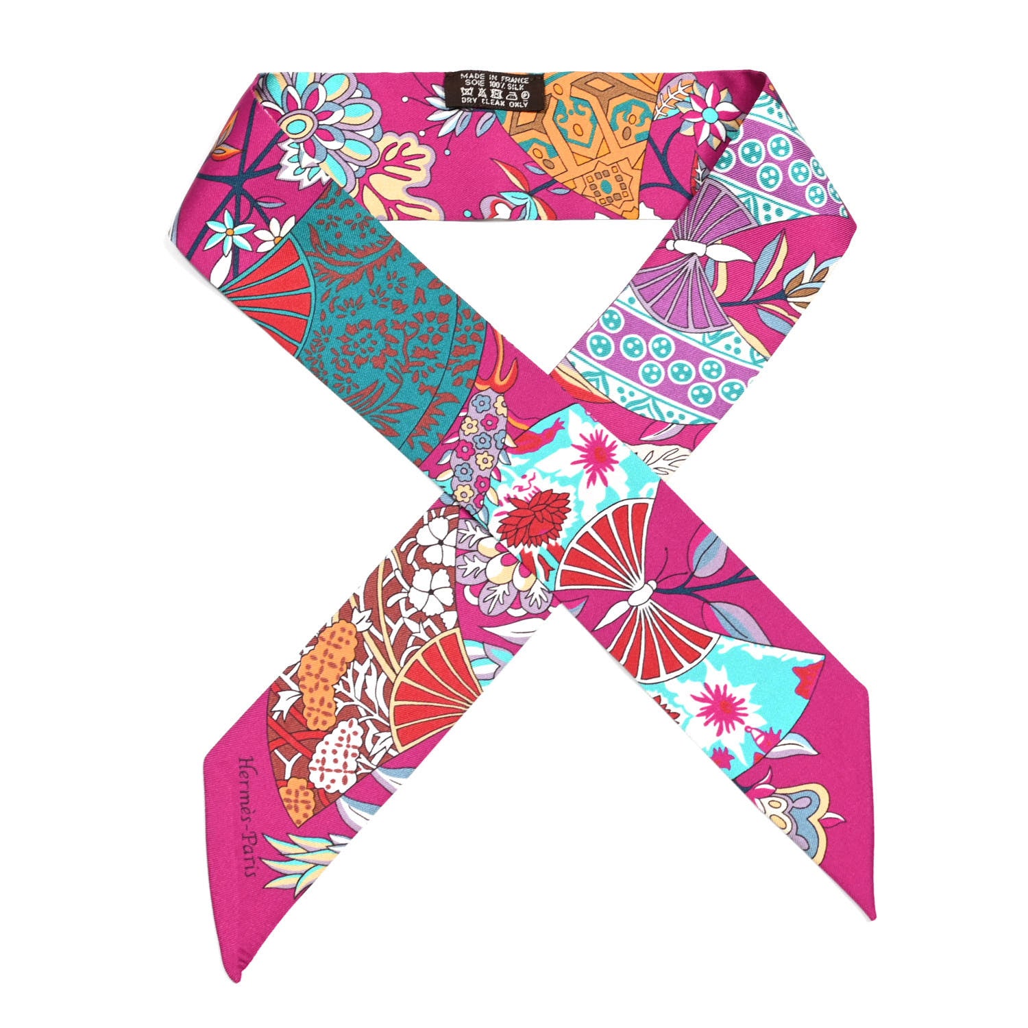 Hermes Silk Fleurs et Papillons de Tissus Twilly Fuchsia Turquoise Beige 1 of 4