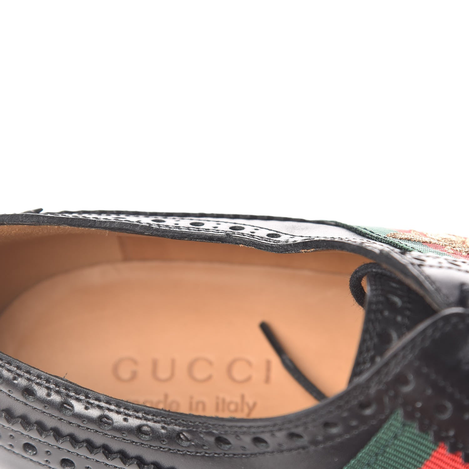 Gucci Calfskin Web Bee Embroidered Mens Wingtip Derby Loafers 7.5 Black 10 of 11
