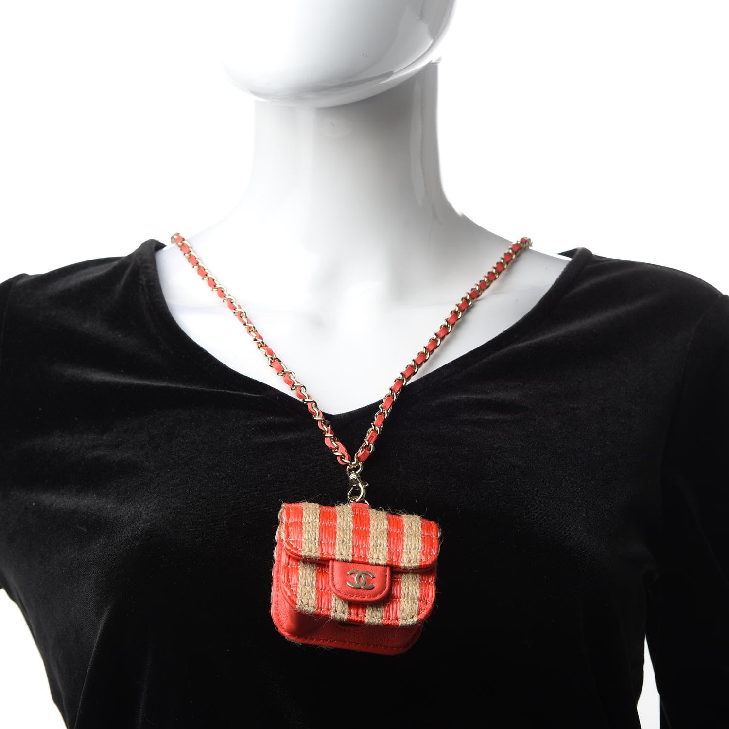 Chanel Raffia Jute Airpods Pro Case With Chain Red Beige 2 of 8