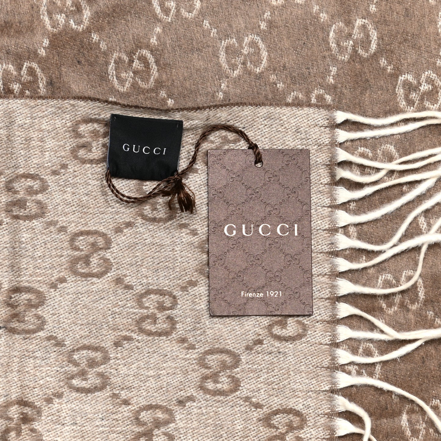 Silk GG Monogram Nivalis Fringe Scarf Brown