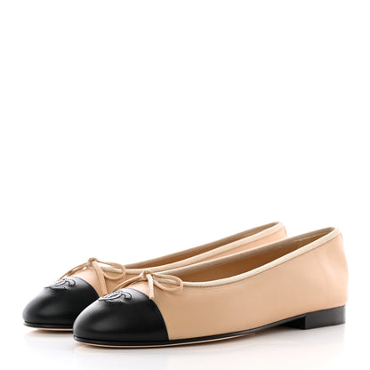 Chanel Lambskin Cap Toe Ballerina Flats 39.5 Beige Black 3 of 14