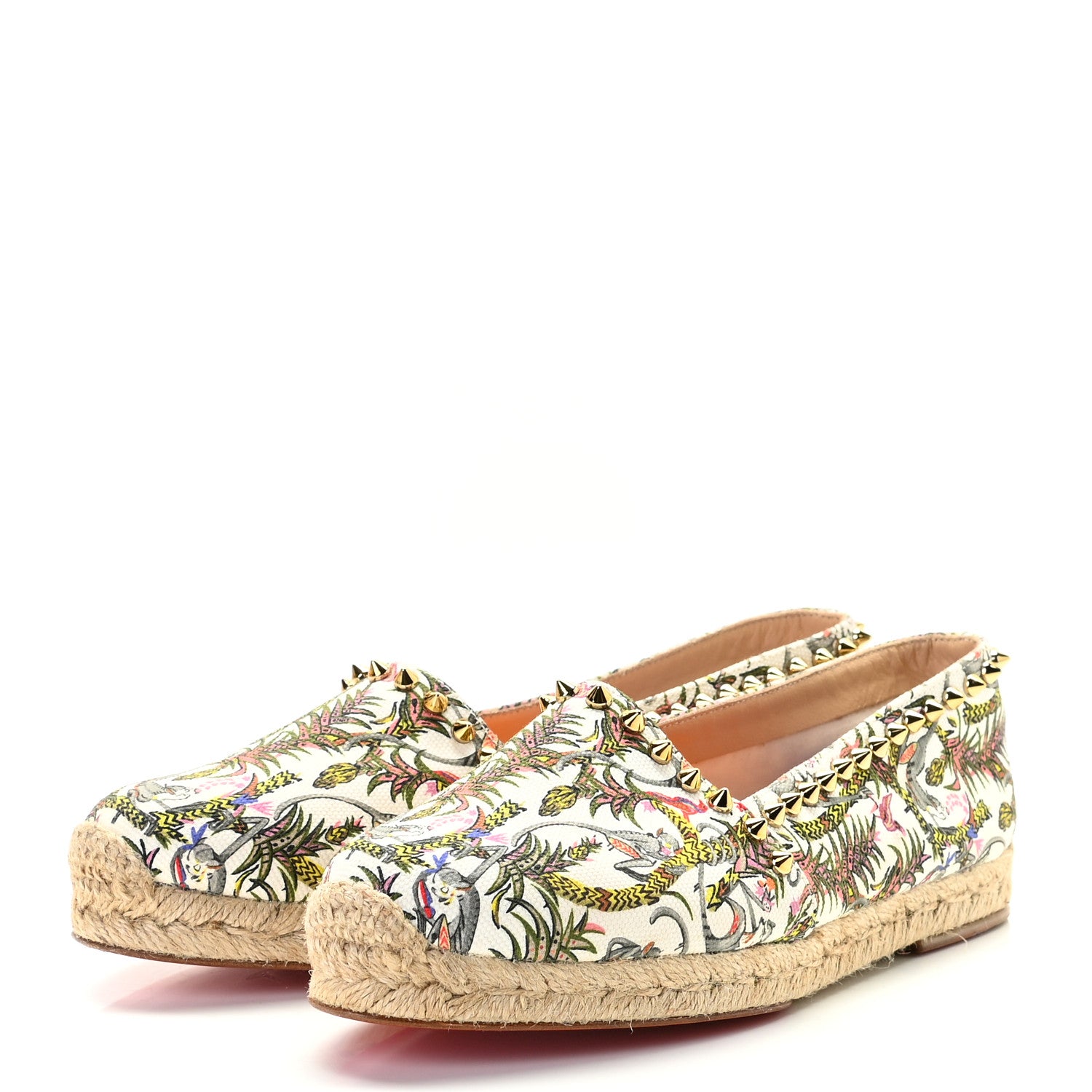 Christian Louboutin Canvas Loubi Jungle Print Ares Spikes Flat Espadrilles 37 Ivory 2 of 9