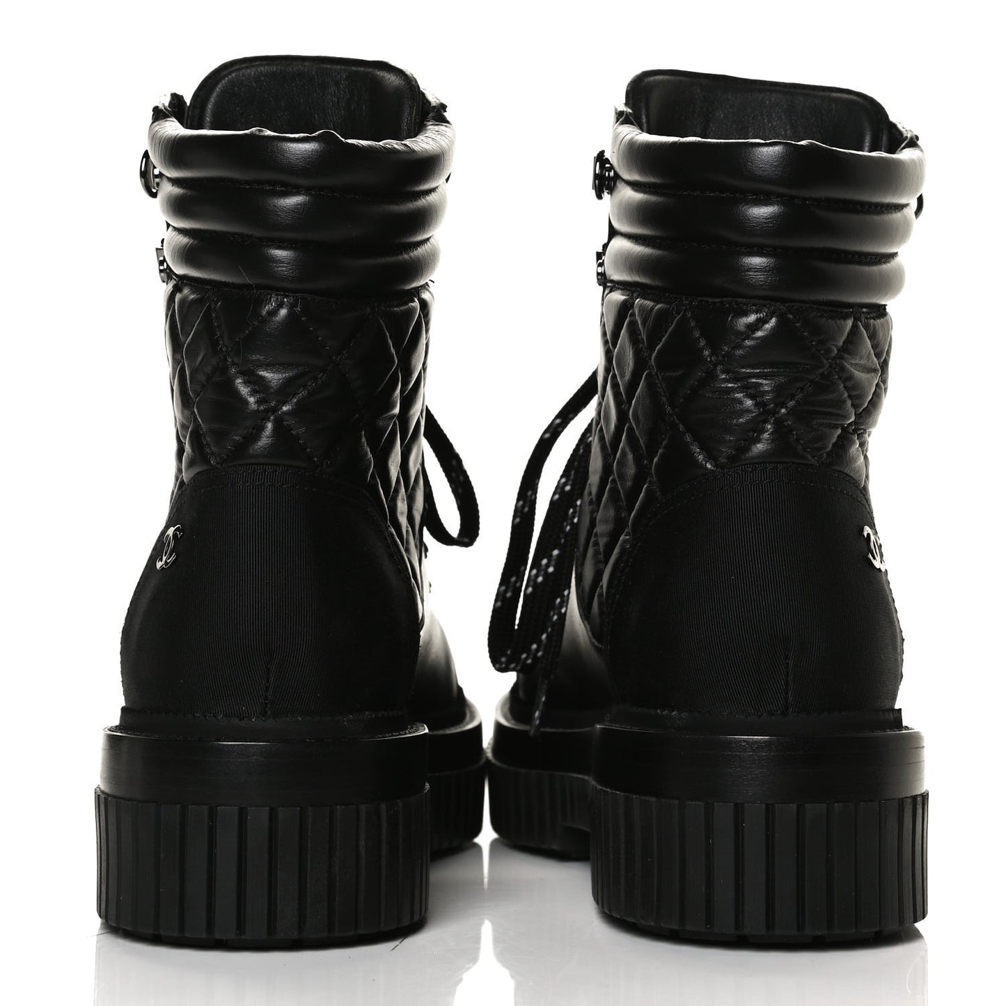 Calfskin Grosgrain Quilted Lace Up Boots 36.5 Black Grey