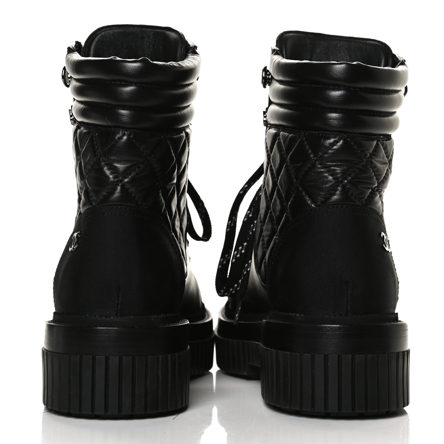 Chanel Calfskin Grosgrain Quilted Lace Up Boots 36.5 Black Grey 6 of 10