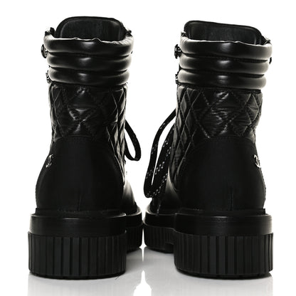 Chanel Calfskin Grosgrain Quilted Lace Up Boots 36.5 Black Grey 6 of 10