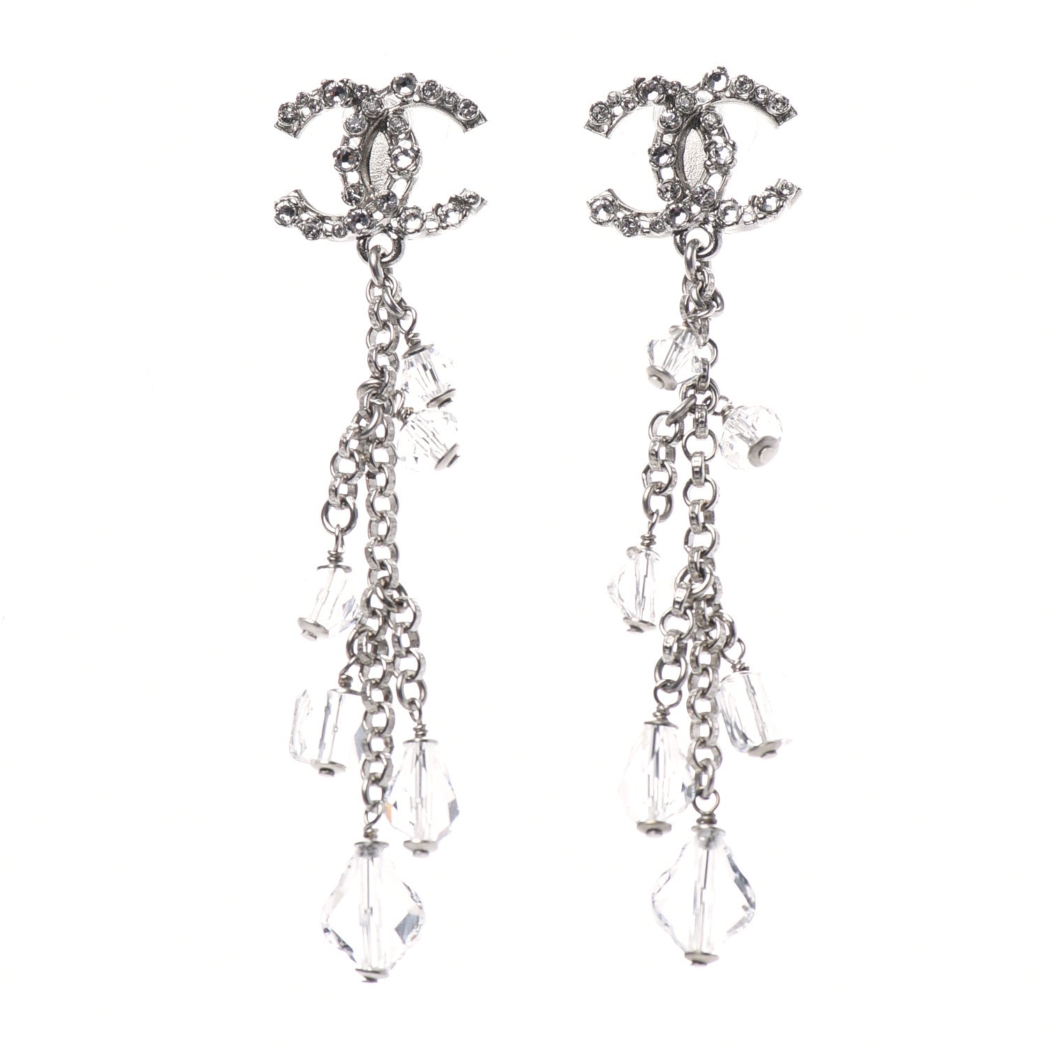 Chanel Crystal Bead CC Dangle Earrings Silver 1 of 4