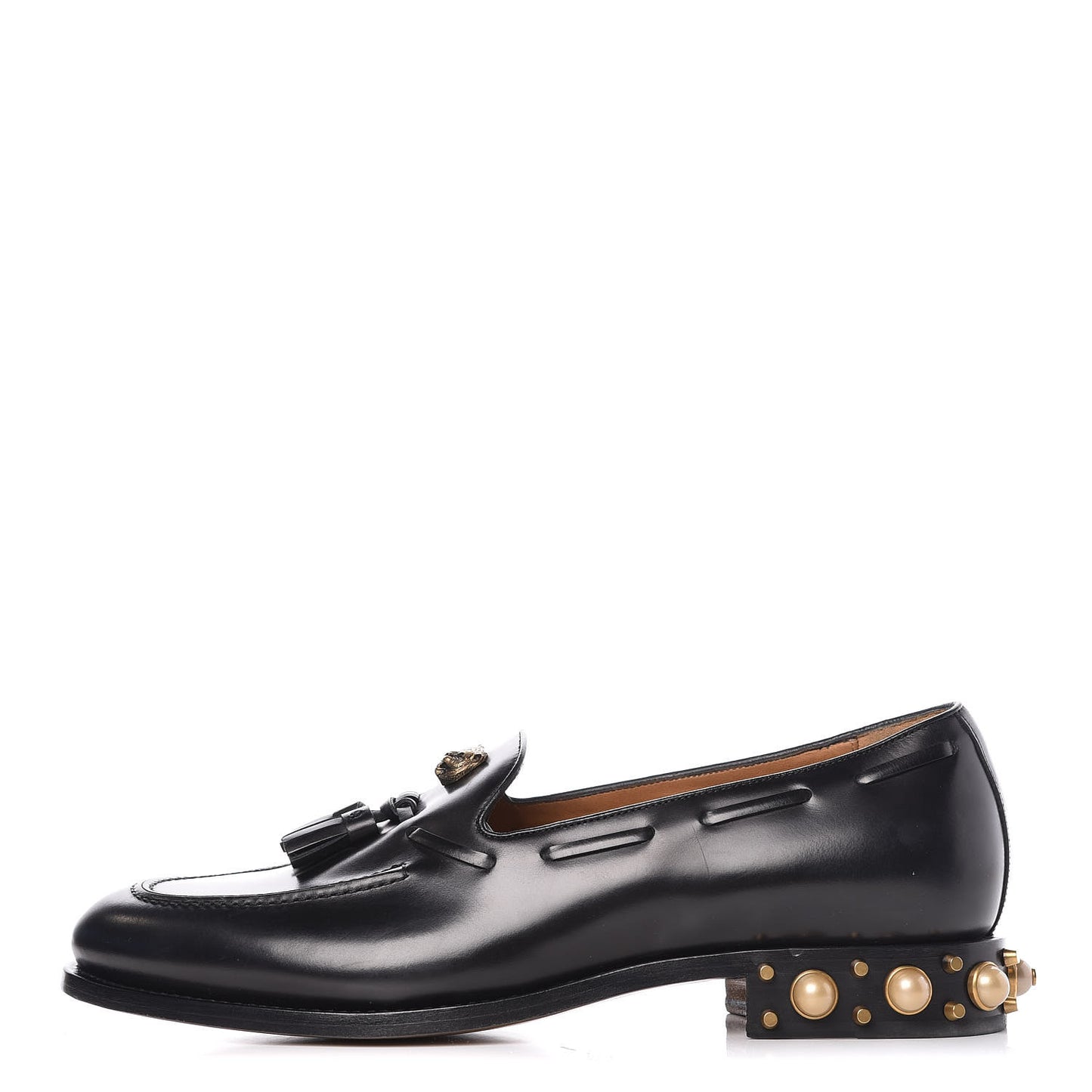 Calfskin Pearl Embellished Tasseled Mens Sagan Loafers 10 Black
