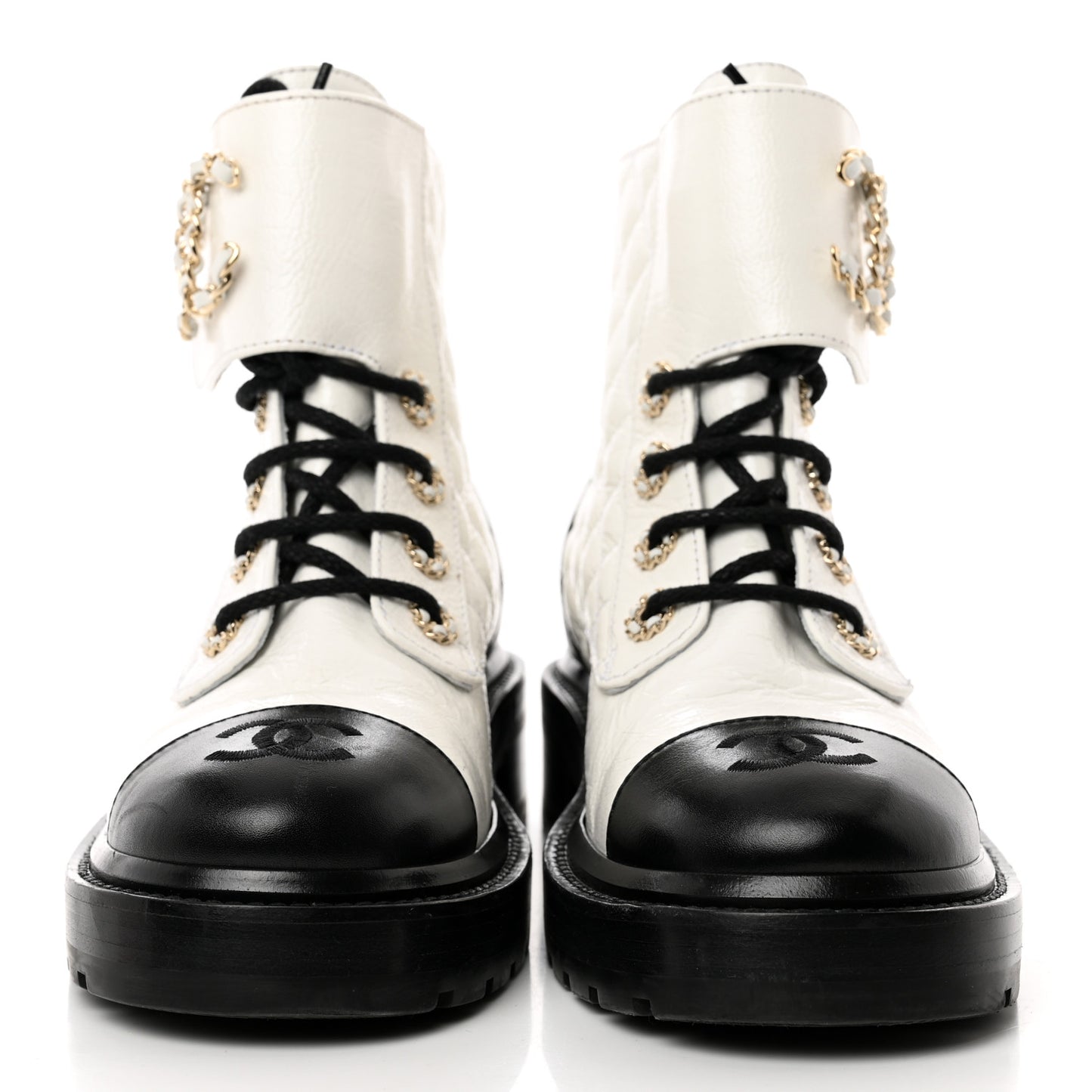 Shiny Goatskin Calfskin Quilted Lace Up Combat Boots 36 White Black