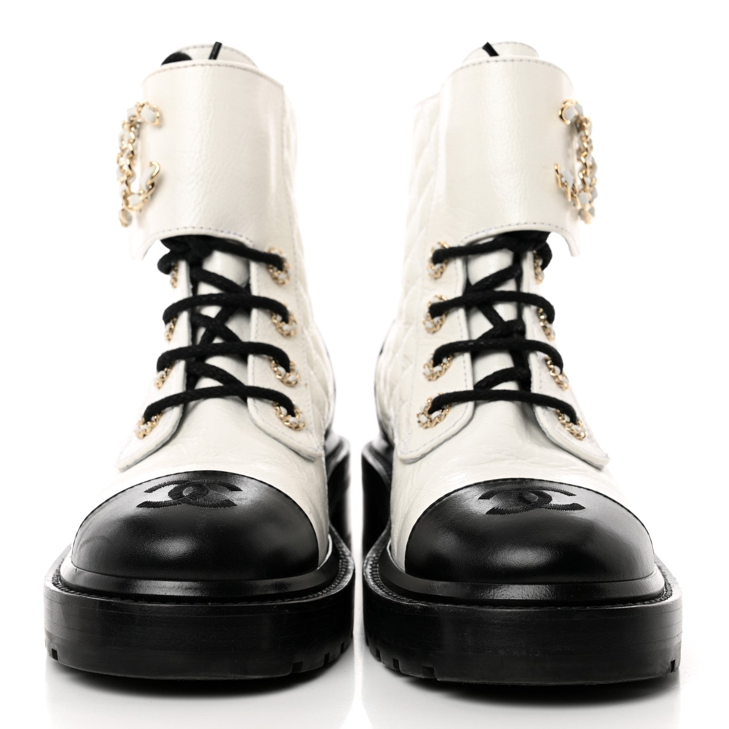 Chanel Shiny Goatskin Calfskin Quilted Lace Up Combat Boots 36 White Black 2 of 8