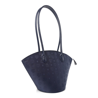MCM Nylon Monogram Calfskin Tote Navy 3 of 12