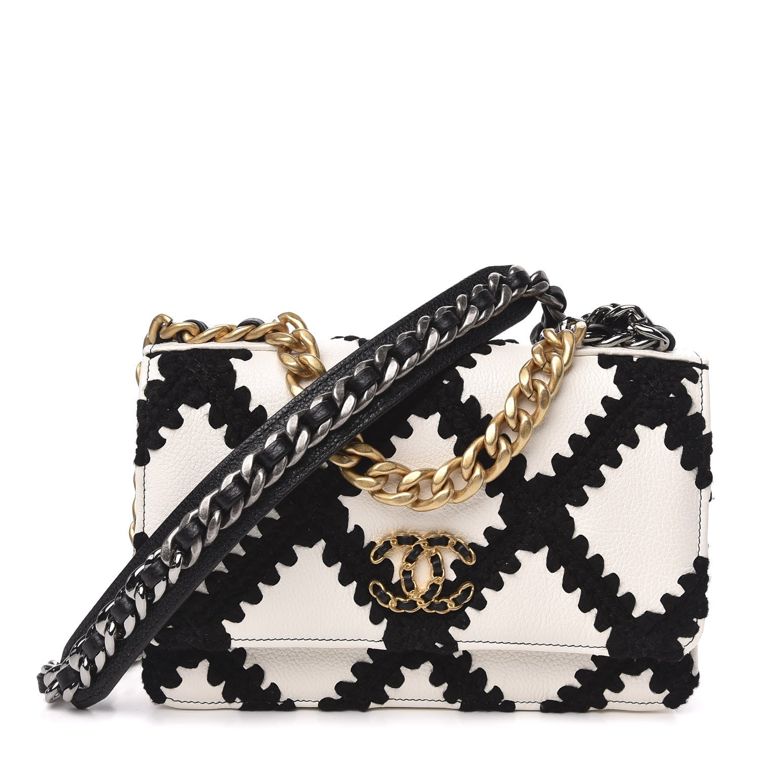 Chanel Calfskin Crochet 19 Wallet On Chain WOC White Black 1 of 12