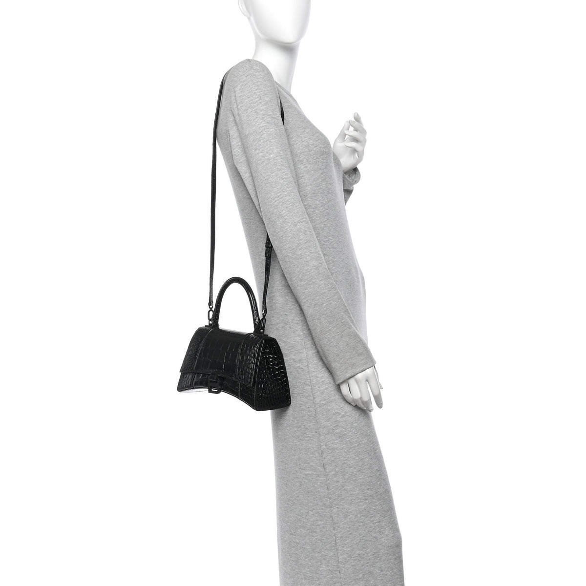 Balenciaga Shiny Calfskin Monochrome Crocodile Embossed Small Hourglass Top Handle Bag Black 2 of 12