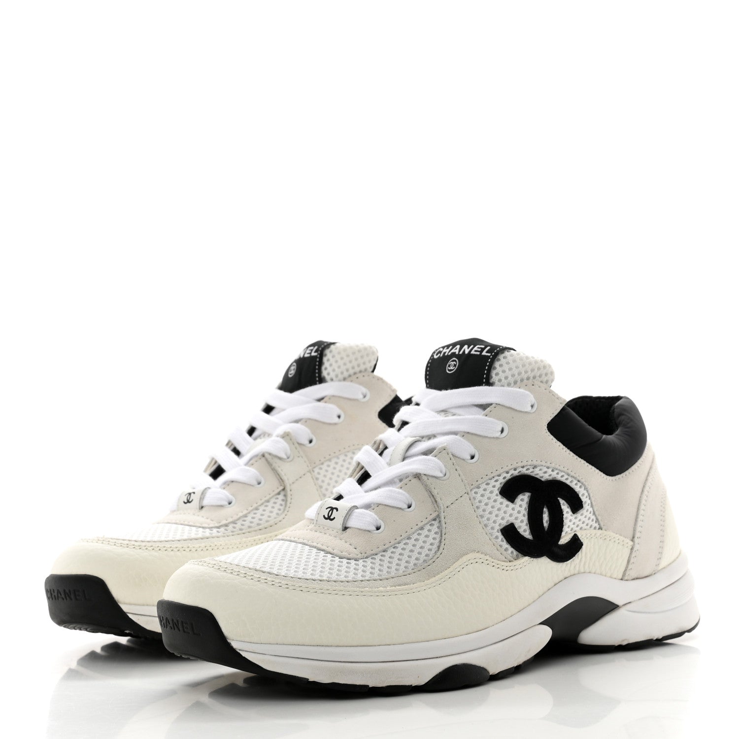 Chanel Mesh Suede Calfskin Grained Calfskin Womens CC Sneakers 41 White Black 3 of 7