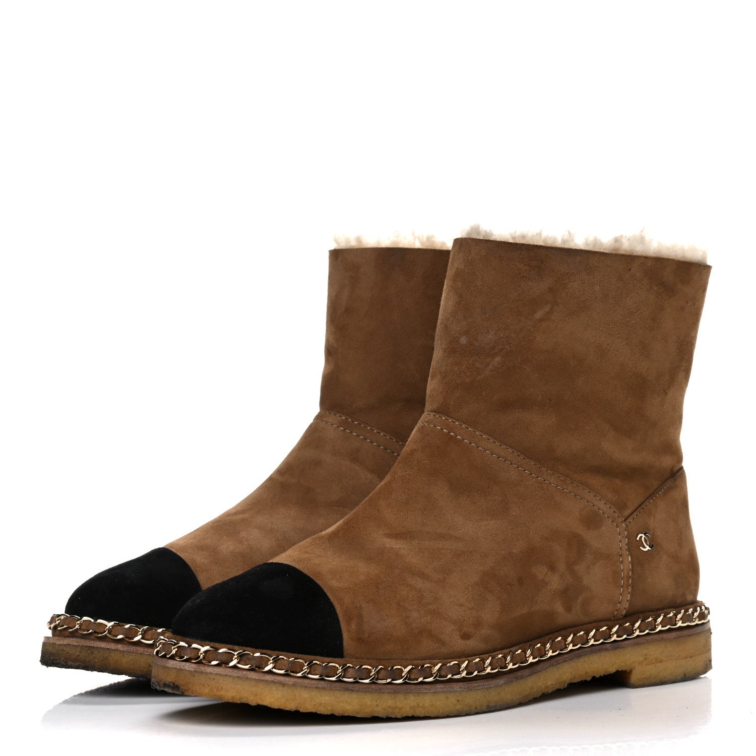 Chanel Kid Suede Shearling Womens Cap Toe Chain Short Boots 40.5 Light Brown Black 3 of 24
