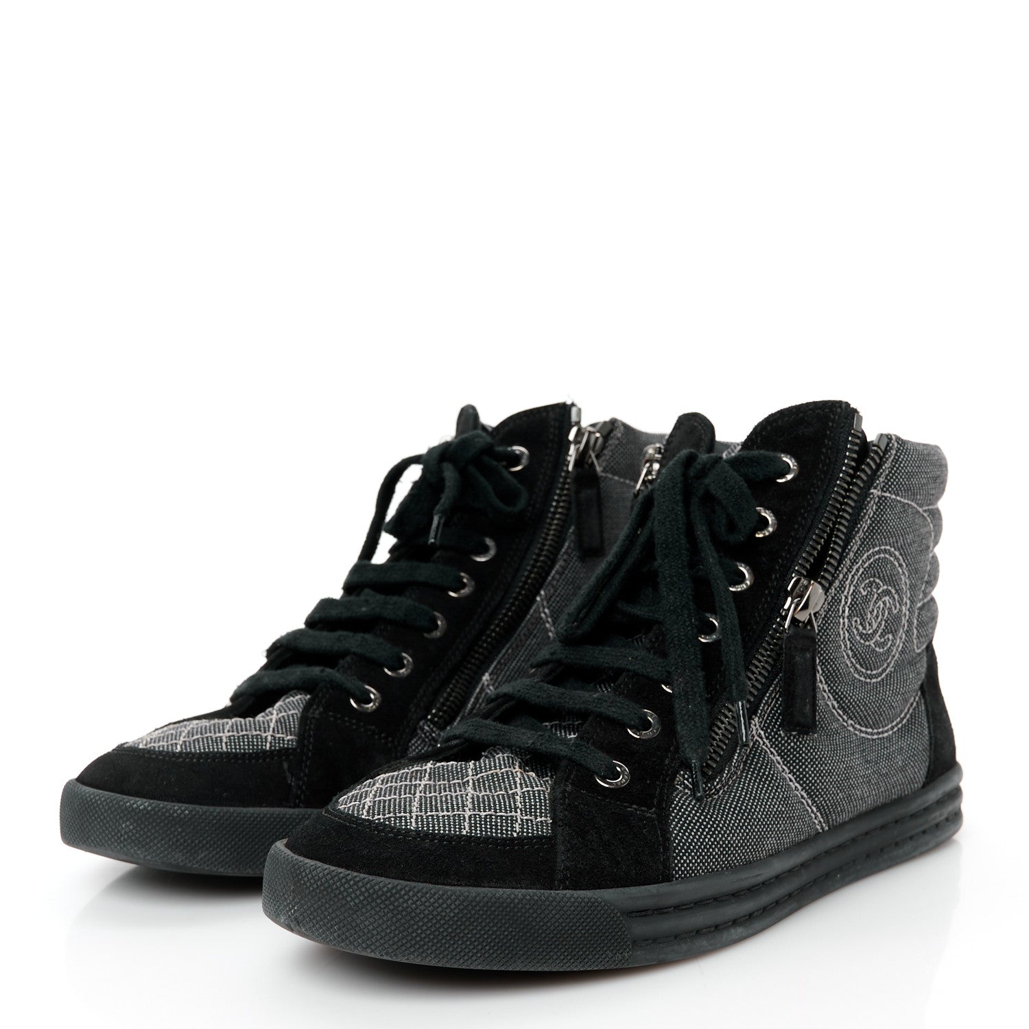 Chanel Toile Suede Calfskin CC High Top Sneakers 38 Black 4 of 11
