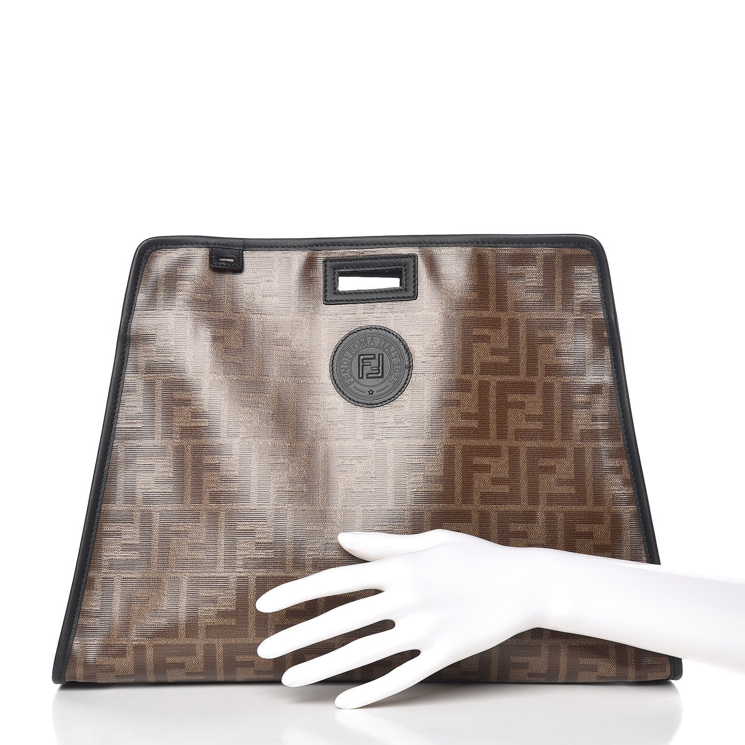 Fendi Glazed Fabric Vitello Century FF 1974 Stamp Patch Medium Peekaboo Defender Cover Mogano Panna Black 2 of 10
