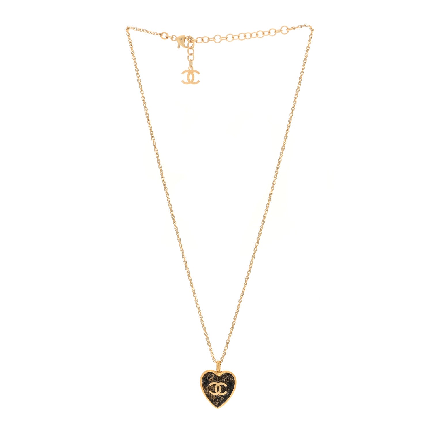 Chanel Metal Lace Resin Glass CC Heart Necklace Gold Black 3 of 5