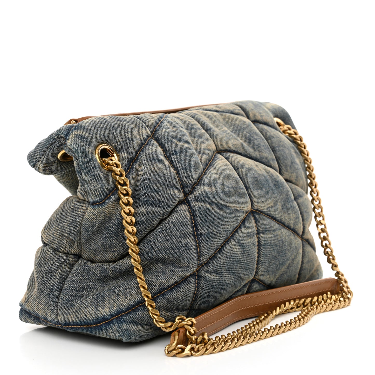 Denim Quilted Small Loulou Puffer Monogram Chain Satchel Blue Cinnamon