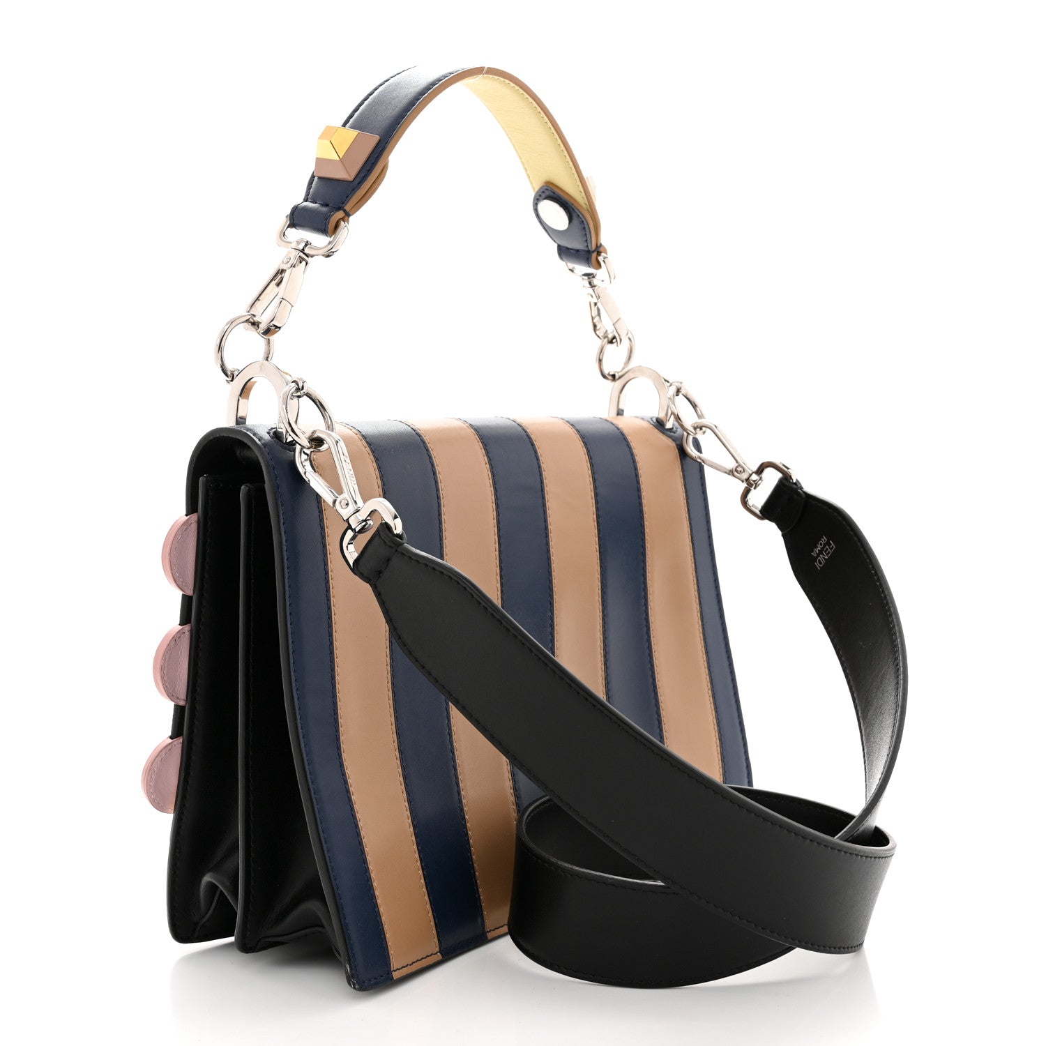 Fendi Vitello Liberty Lucido Pequin Inlay Studded Kan I Shoulder Bag Black Multicolor 3 of 10