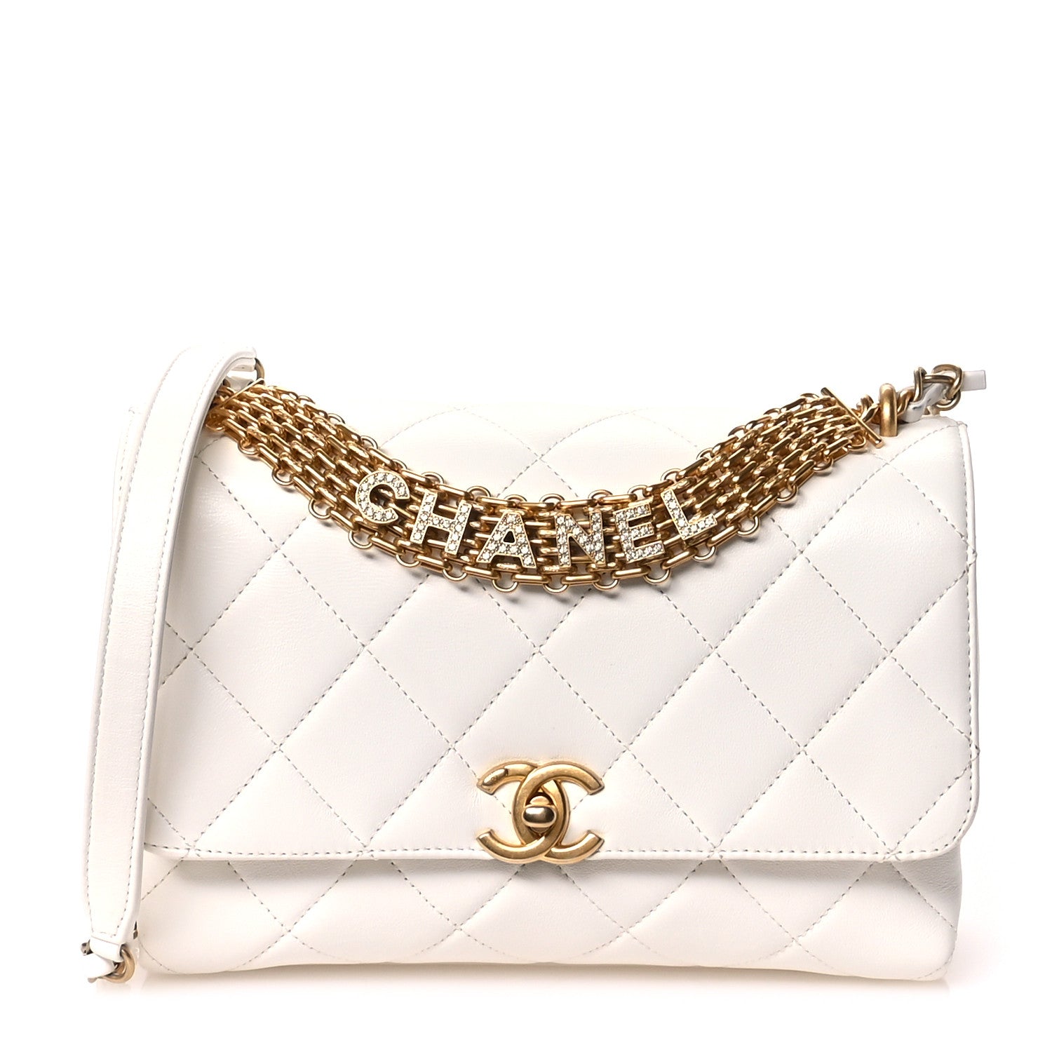 Chanel Lambskin Quilted CC Crystal Logo Chain Flap White 1 of 11