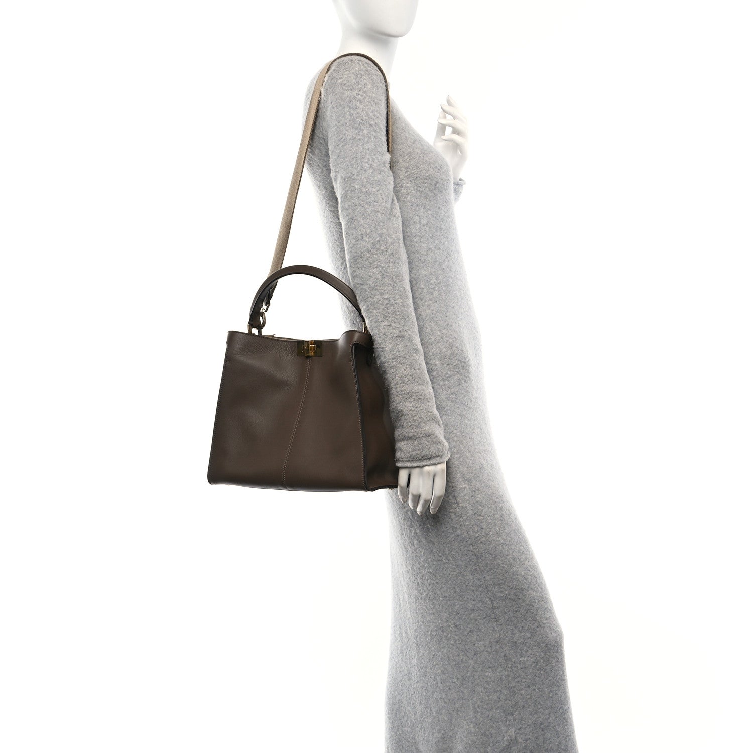 Fendi Vitello Seta Glazed Fabric FF 1974 Medium Peekaboo X-Lite Maya Mogano Panna 2 of 9