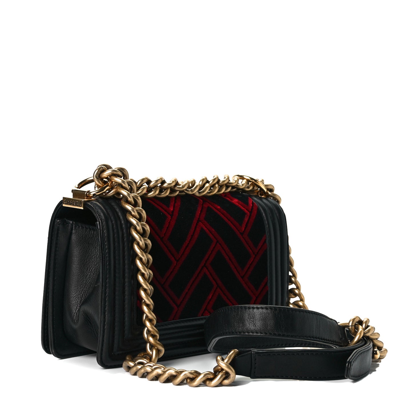 Calfskin Velvet Small Boy Flap Black Red