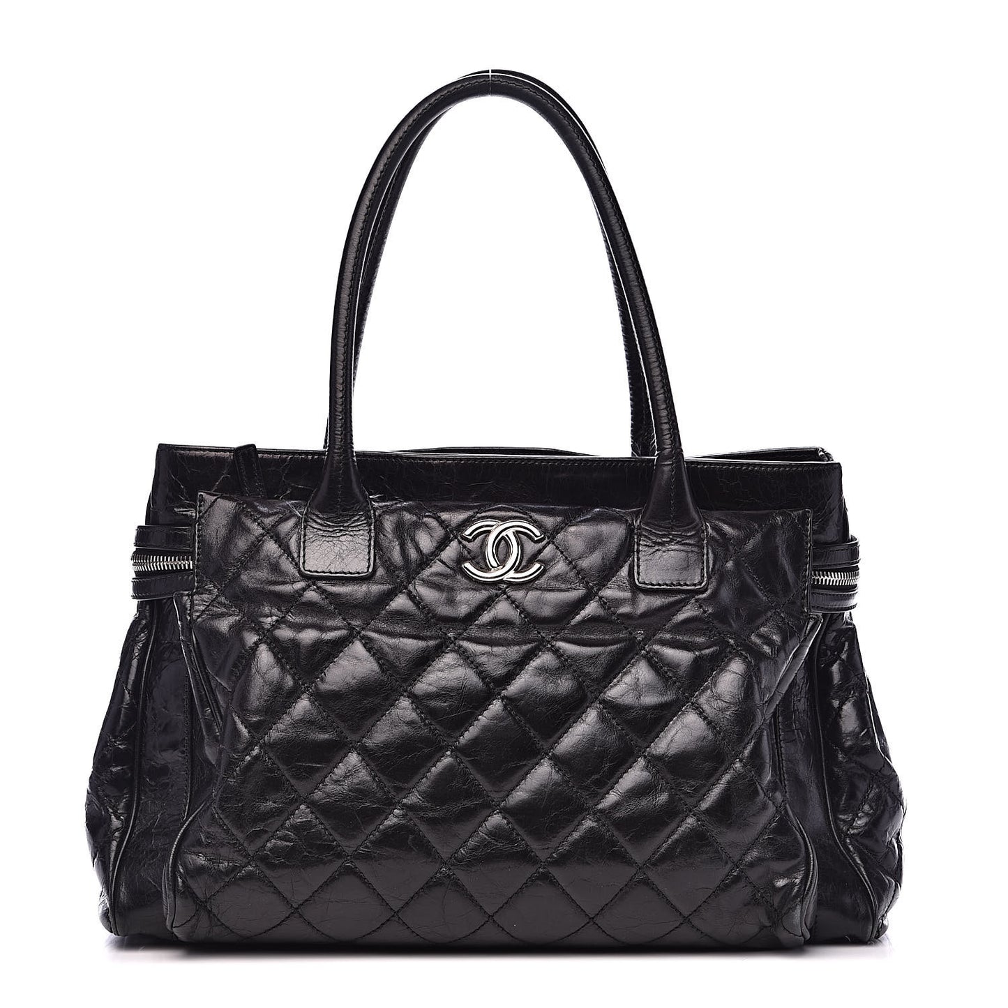 Glazed Calfskin Quilted Large New Portobello Tote Black