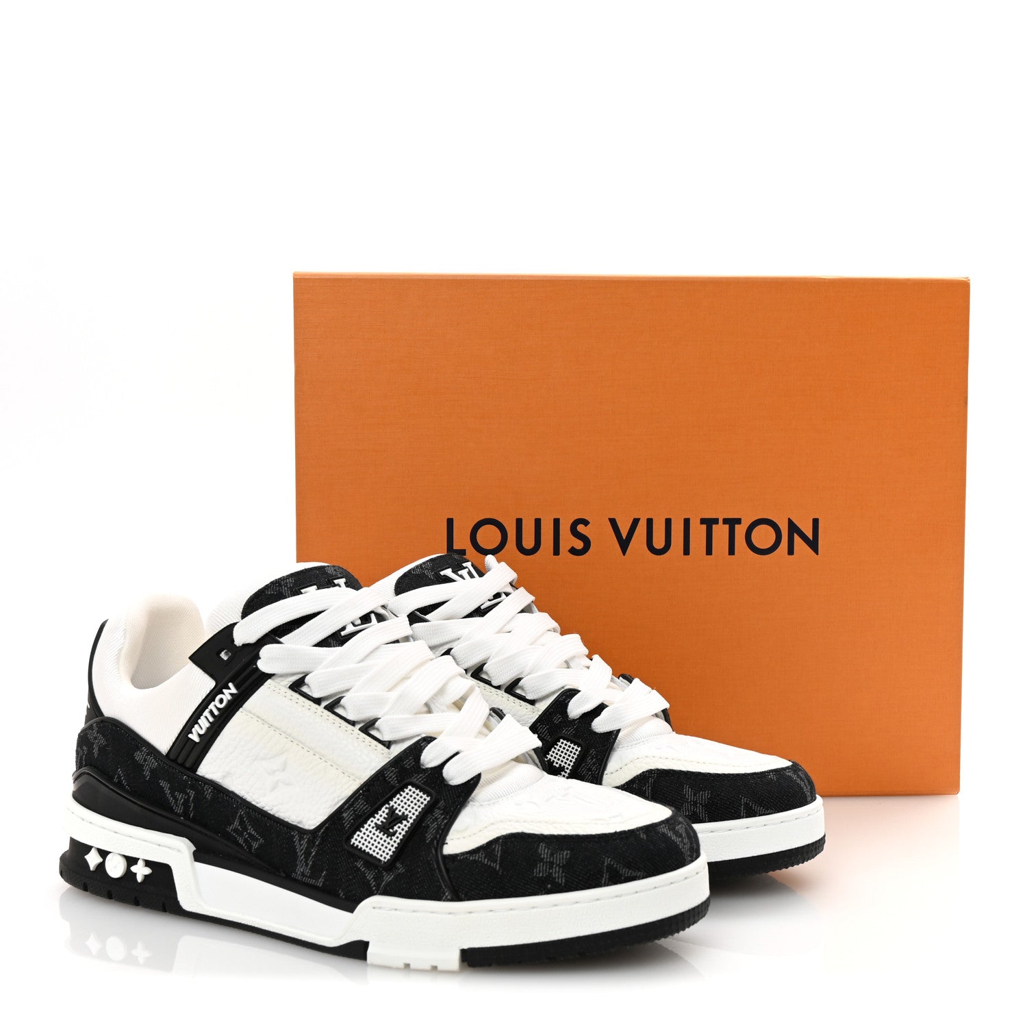 Louis Vuitton Calfskin Embossed Monogram Denim Mens LV Trainer Sneakers 9 Black 10 of 10