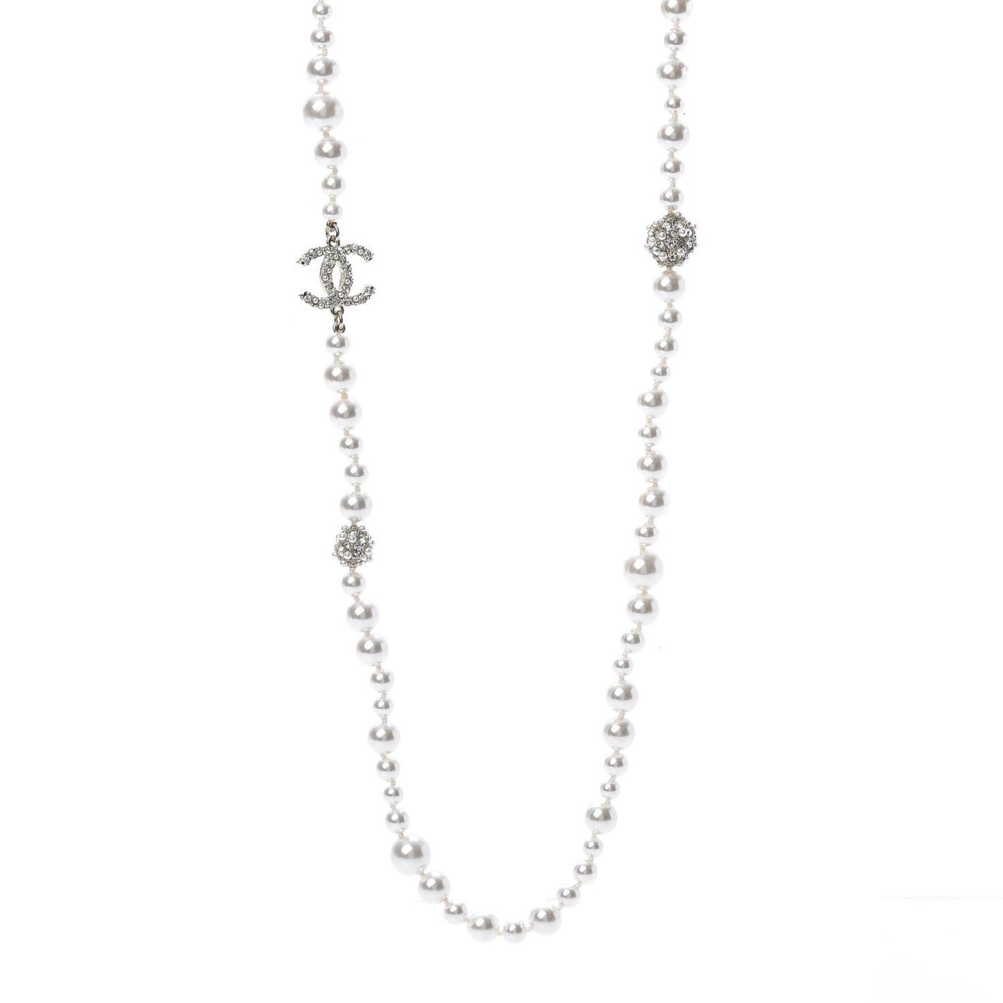 Pearl Baguette Crystal CC Long Necklace Silver