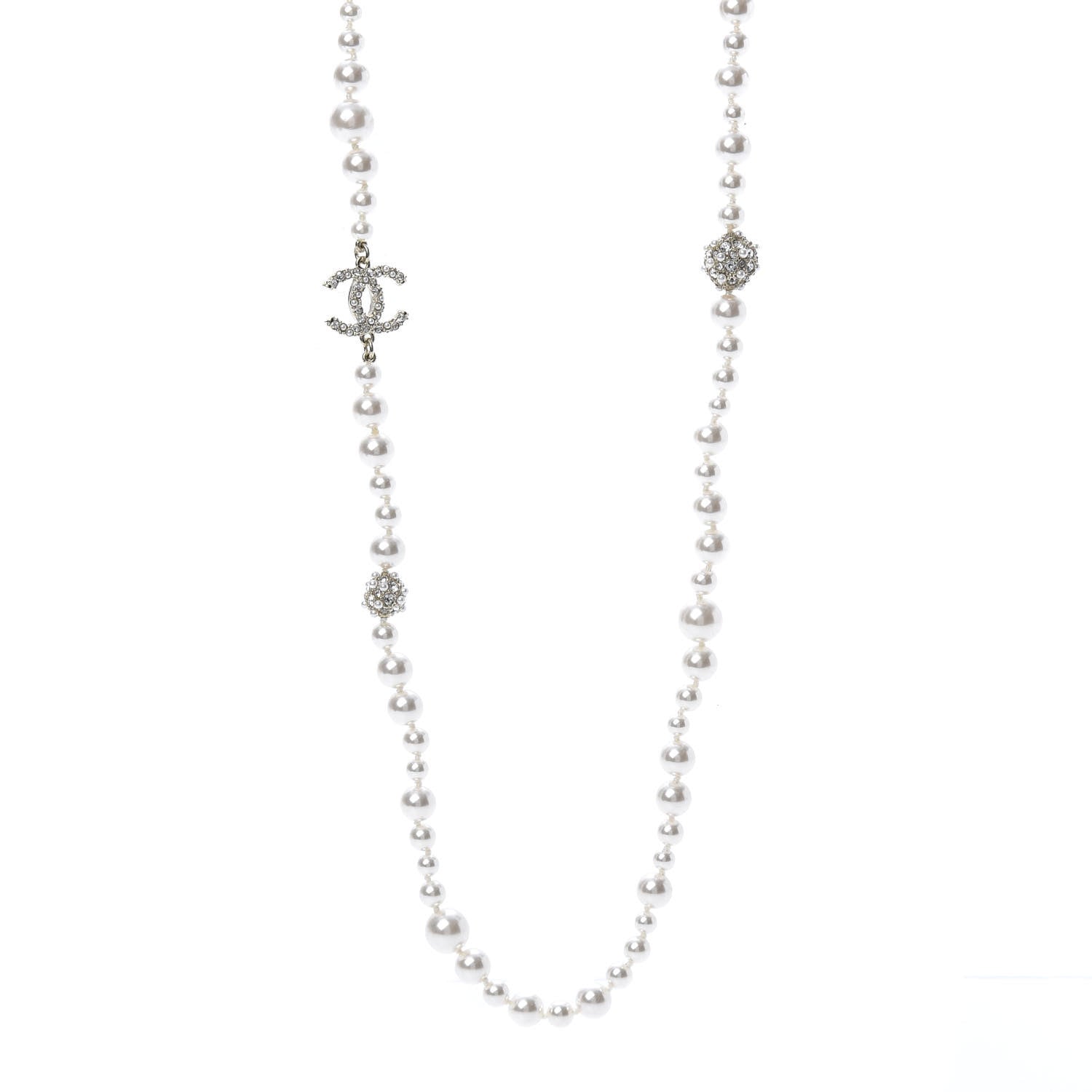 Chanel Pearl Baguette Crystal CC Long Necklace Silver 1 of 5