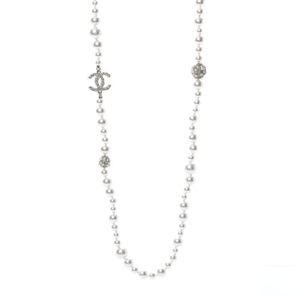 Chanel Pearl Baguette Crystal CC Long Necklace Silver 1 of 5