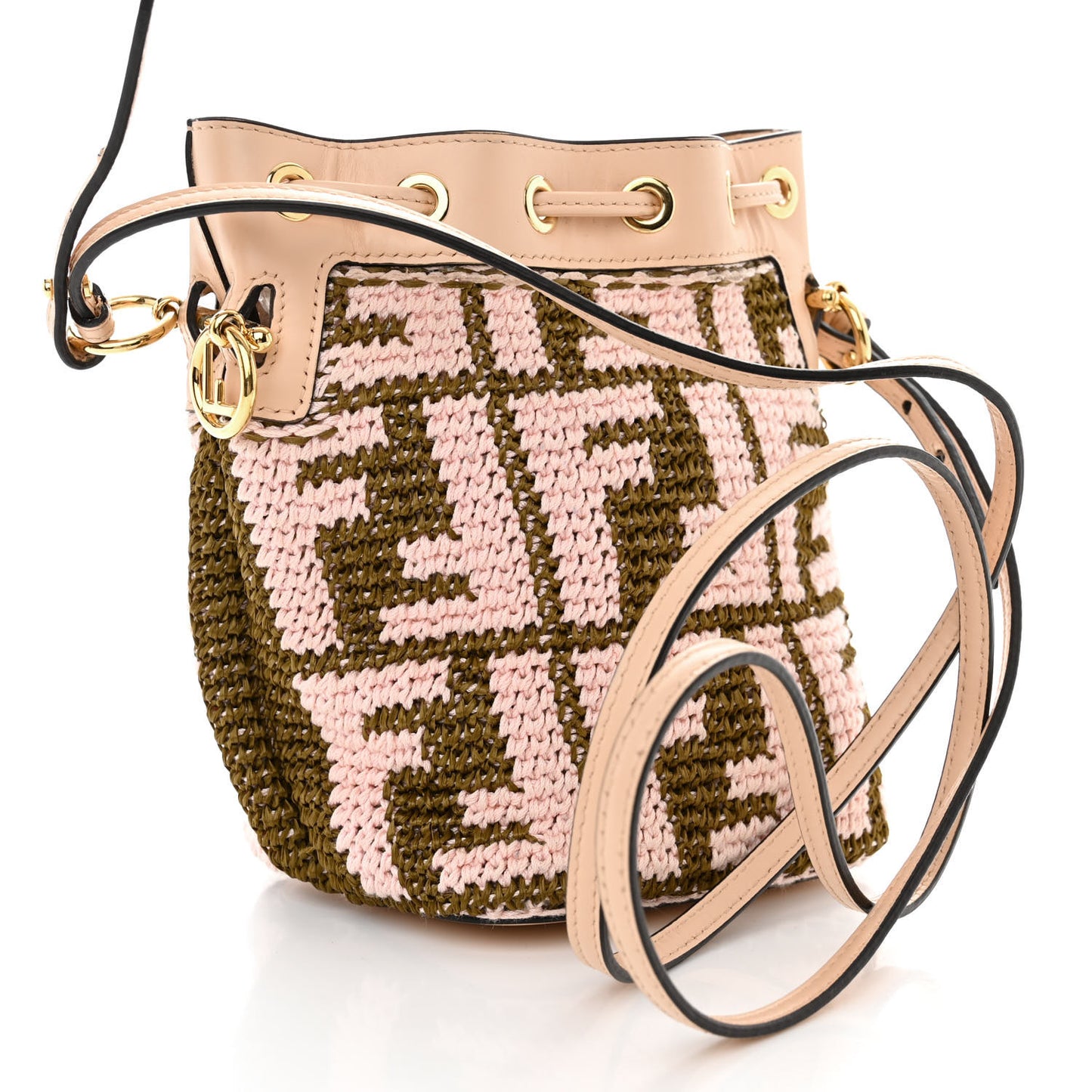 Raffia Vitello King F is Fendi FF Crochet Mini Mon Tresor Bucket Bag Natural Light Rose