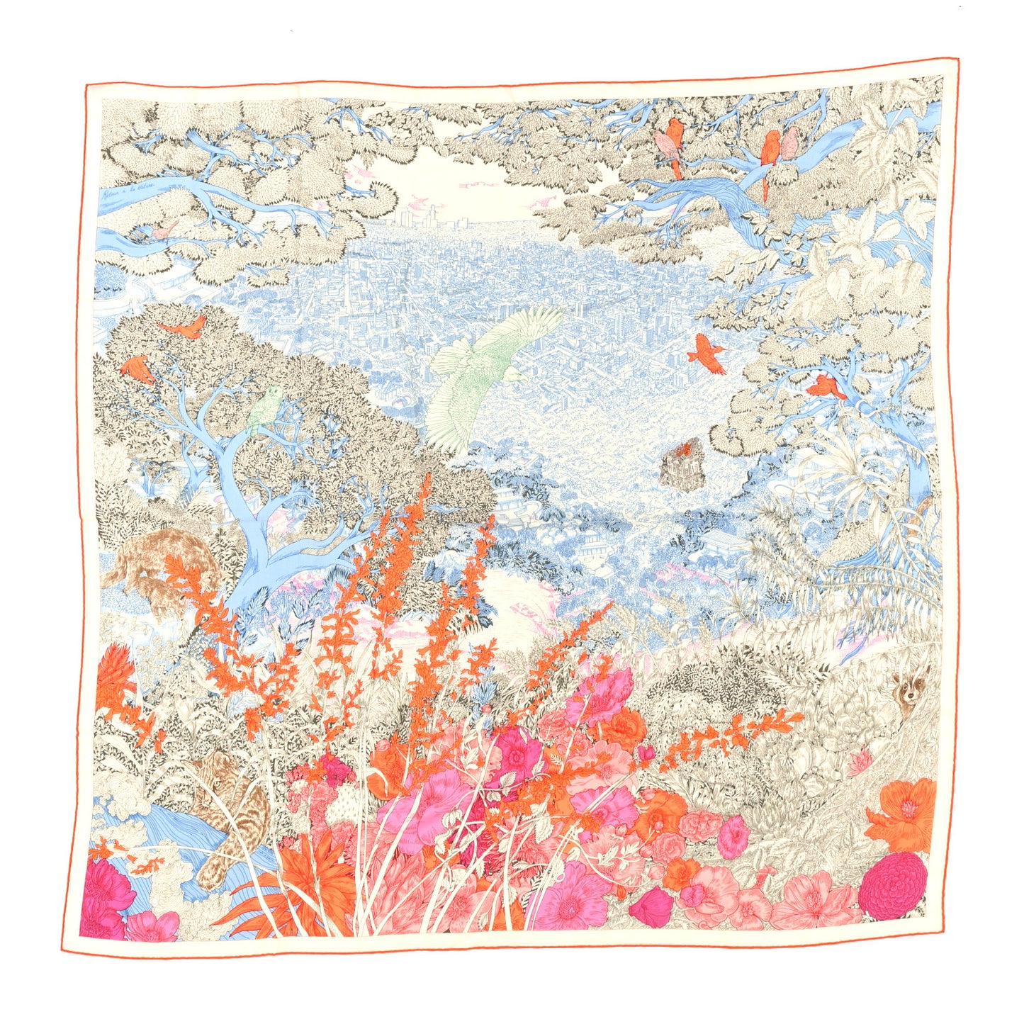Cashmere Silk Retour a la Nature Shawl 140 Bleu Ciel Rose Cyclamen Orange