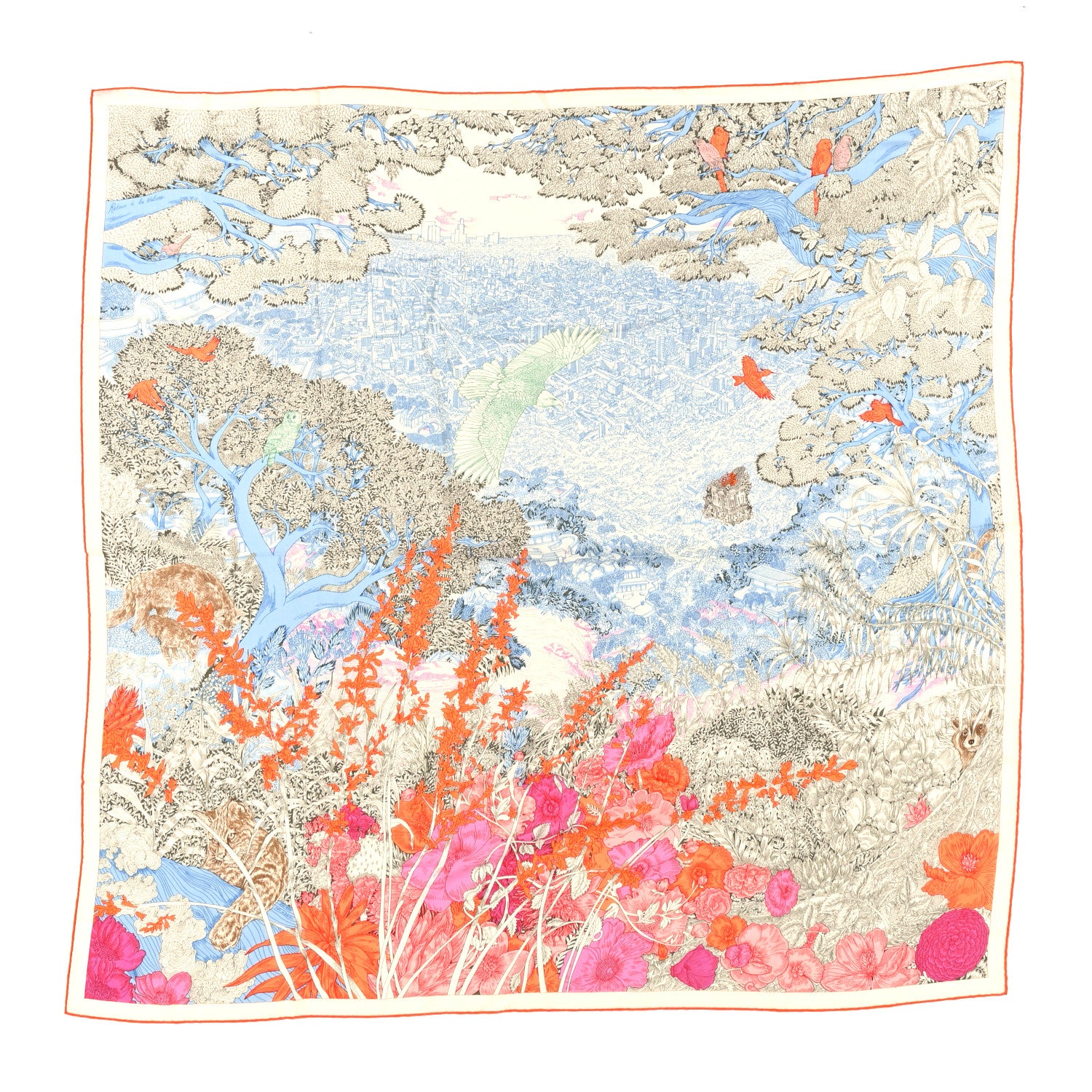 Hermes Cashmere Silk Retour a la Nature Shawl 140 Bleu Ciel Rose Cyclamen Orange 1 of 5