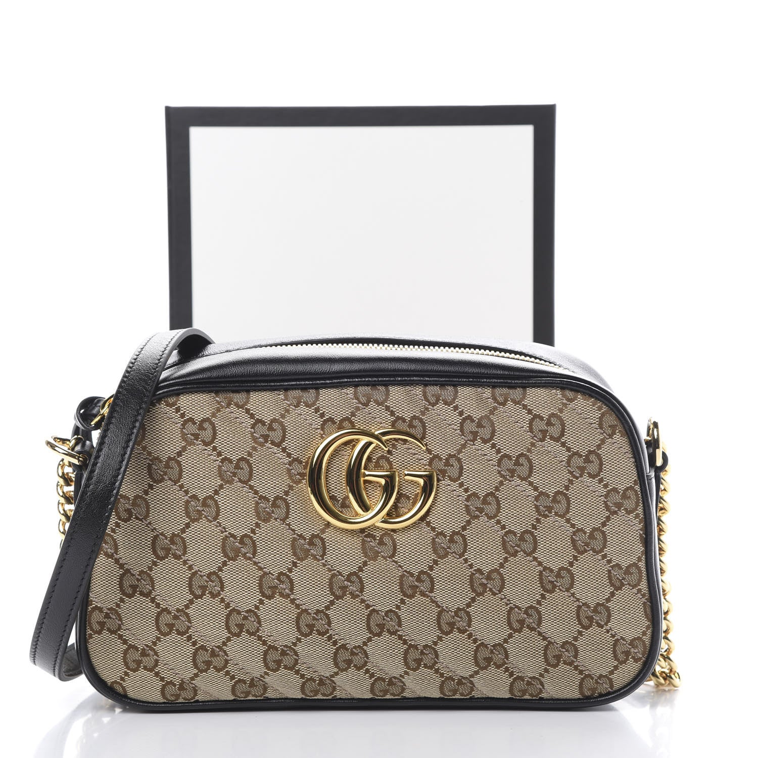 Gucci Monogram Matelasse Diagonal Small GG Marmont Chain Shoulder Bag Beige Black 11 of 11