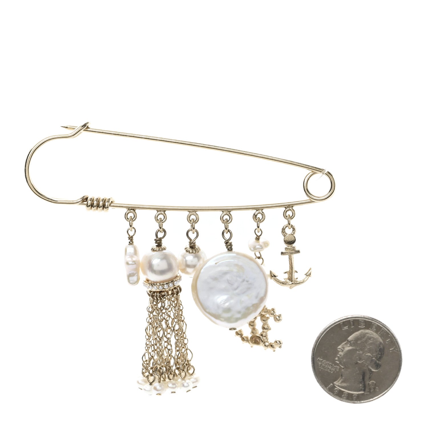 Chanel Pearl Crystal CC Charms Safety Pin Brooch Gold 2 of 3