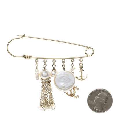 Chanel Pearl Crystal CC Charms Safety Pin Brooch Gold 2 of 3