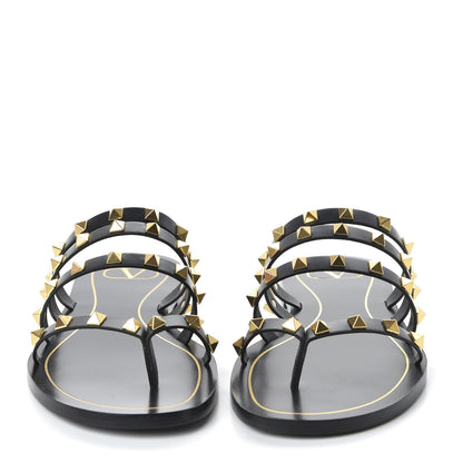 Valentino Garavani Calfskin Rockstud Flair Caged Flat Slide Sandals 39 Black 2 of 9