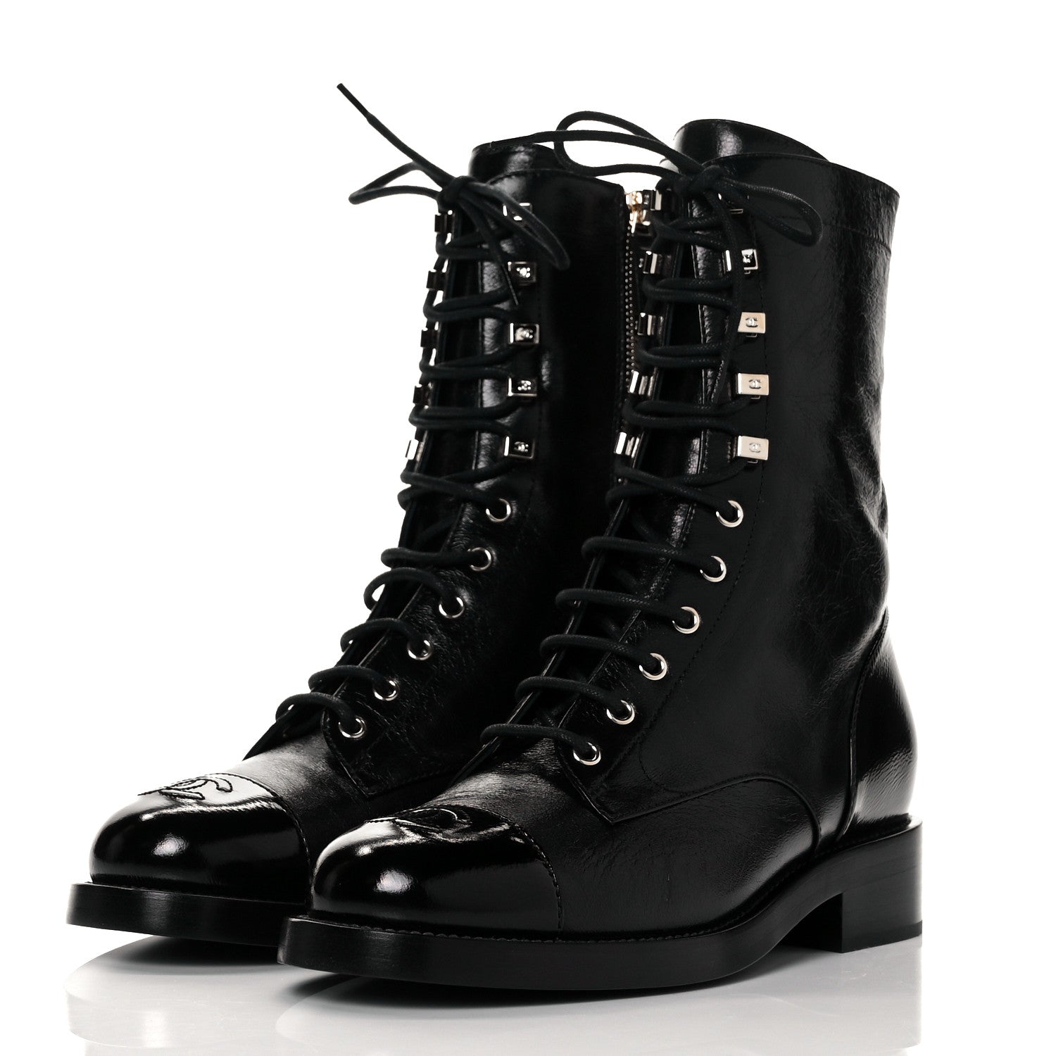 Chanel Crumpled Lambskin Shiny Calfskin Lace Up Combat Boots 39 Black 3 of 7