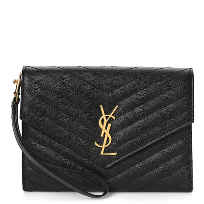 Saint Laurent Grain De Poudre Matelasse Chevron Monogram Envelope Clutch Black 1 of 9